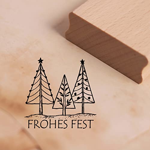 Dekolando Stempel Frohes Fest - geschmückte Tannenbäume - Motivstempel Holzstempel Weihnachtsstempel Tannen - Abdruck 48 x 48 mm von DEKO-LANDO