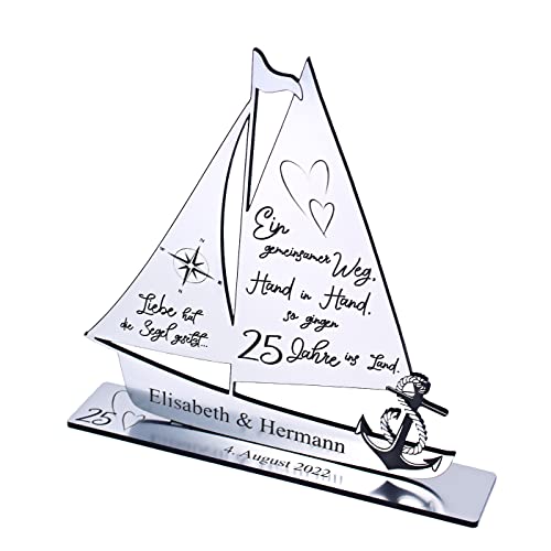 DEKOLANDO Silberhochzeit Deko Hochzeitstag Silberne Hochzeit Geschenk personalisiert graviert Namen Datum 25 Jahre Jubiläum Aufsteller Schiff 18 x 20 cm von DEKOLANDO