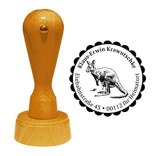 Stempel Adressstempel « KÄNGURU » Durchmesser ca. Ø 40 mm - mit persönlicher Adresse, Motiv und Zierrand - Tier Tiere Wildtiere Australien Beuteltier von DEKOLANDO