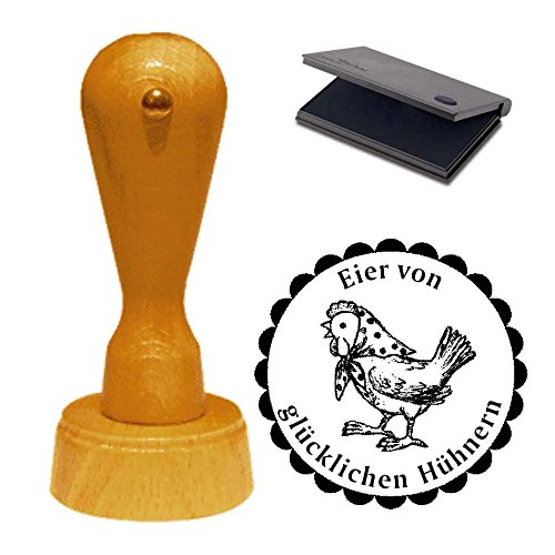 Stempel « EIER VON GLÜCKLICHEN HÜHNERN » ca. Ø 40 mm - Motivstempel mit Kissen - Eier Huhn Ei Hühnerhof Henne von DEKOLANDO