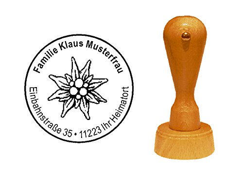 Stempel Holzstempel Adressstempel « EDELWEISS » Durchmesser ca. Ø 40 mm - mit persönlicher Adresse und Motiv - Edelweiß Pflanze Flora Fauna von DEKOLANDO