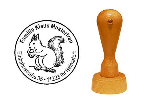 Stempel Holzstempel Adressstempel « EICHHÖRNCHEN auf AST » Durchmesser ca. Ø 40 mm - mit persönlicher Adresse und Motiv - Nagetier Eichel Nuss von DEKOLANDO