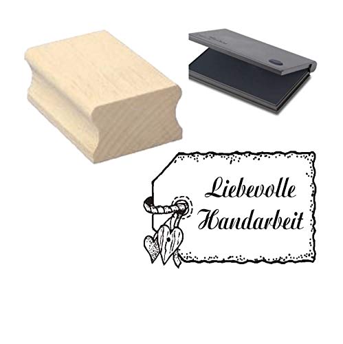 Stempel « LIEBEVOLLE HANDARBEIT » ca. 40 x 30 mm - Holzstempel mit Kissen - Handarbeiten Basteln Näherei Strickerei von DEKOLANDO