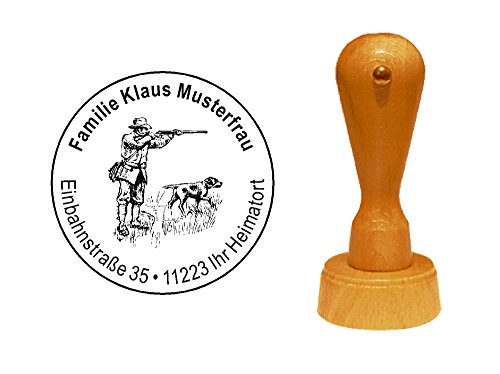 Stempel personalisiert Adressstempel Jäger mit Hund Jagd runder Holzstempel mit persönlicher Adresse Ø 40 mm von DEKOLANDO