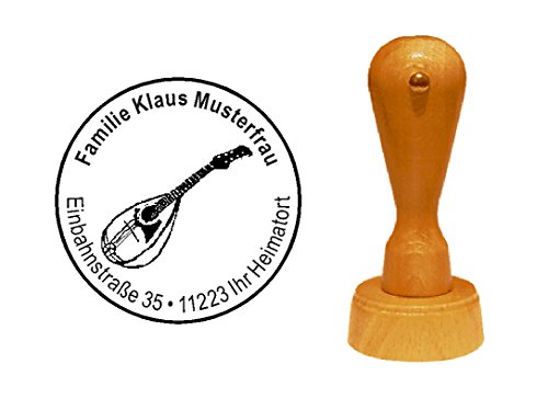 Stempel personalisiert Adressstempel Mandoline Mandolinenspieler Instrument runder Holzstempel mit persönlicher Adresse Ø 40 mm von DEKOLANDO