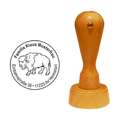 Stempel personalisiert runder Holzstempel Bison Büffel Wisent Adressstempel Ø 40 mm mit persönlicher Adresse und Motiv von DEKOLANDO