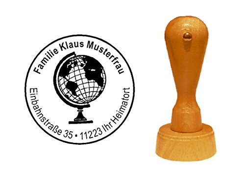 Stempel personalisiert runder Holzstempel Globus Erdball Globetrotter Adressstempel Ø 40 mm mit persönlicher Adresse und Motiv von DEKOLANDO