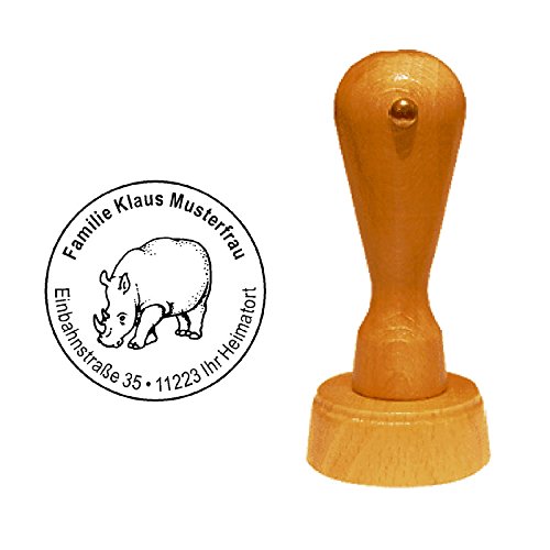 Stempel personalisiert runder Holzstempel Nashorn Rhino Adressstempel Ø 40 mm mit persönlicher Adresse und Motiv von DEKOLANDO