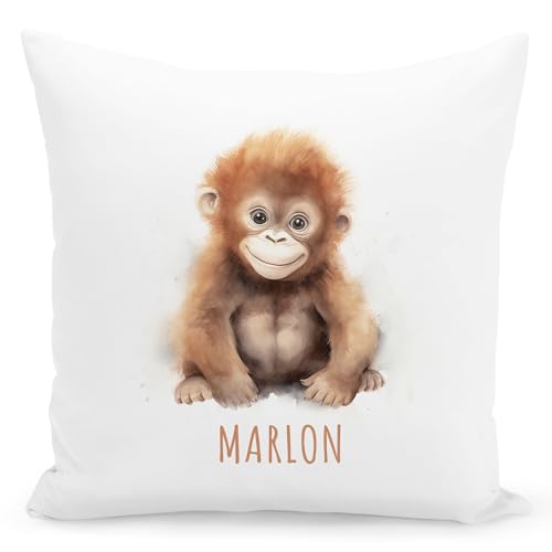 DEL MÀ Unique & Personal AFFE Kissen personalisiert mit Namen Kinderkissen Kuschelkissen Kinder Geschenk Kinderzimmer Deko Junge Mädchen Zierkissen Dekokissen 40x40 cm inkl. Füllung und Bezug von DEL MÀ Unique & Personal