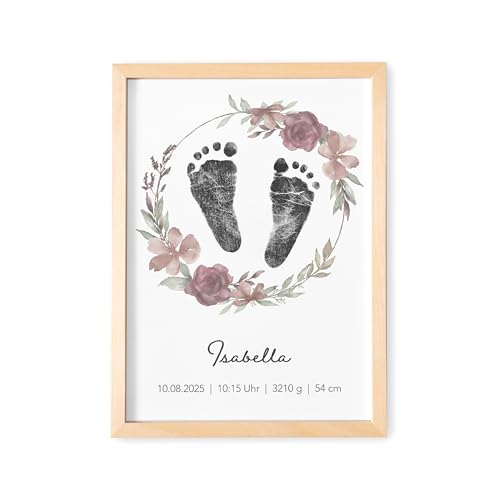 DEL MÀ Unique & Personal Baby Fußabdruck Bild personalisiert Meilenstein Poster für Babyzimmer Deko mit Blumenkranz Kinderzimmer Dekoration Erinnerung (OHNE FARBE | mit oder ohne Rahmen) von DEL MÀ Unique & Personal