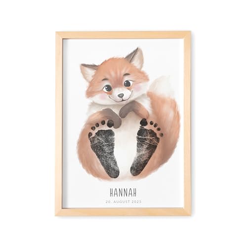 DEL MÀ Unique & Personal Fußabdruck Baby Tierbild personalisiertes Fuchs Bild für Babyzimmer Deko Kinderzimmer Neugeborenen Geschenk zur Geburt (OHNE FARBE | DIN A4) von DEL MÀ Unique & Personal