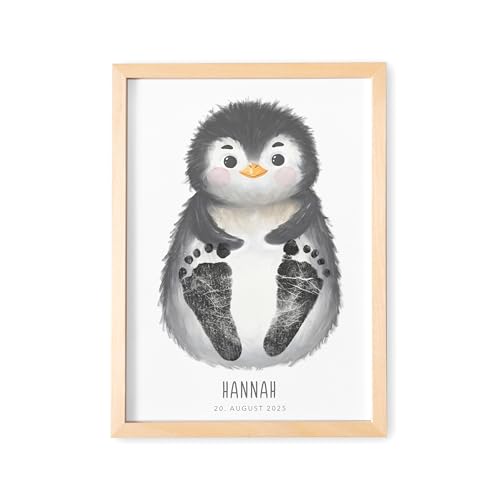 DEL MÀ Unique & Personal Fußabdruck Baby Tierbild personalisiertes Pinguin Bild für Babyzimmer Deko Kinderzimmer Neugeborenen Geschenk zur Geburt (OHNE FARBE | DIN A3) von DEL MÀ Unique & Personal