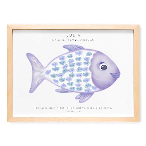 DEL MÀ Unique & Personal Gästebild Taufe Fingerabdruck Gäste Bild Gästebuch personalisiert Mädchen Jungen mit Fisch Taufgeschenk Geschenk (mit und ohne Bilderrahmen) (Lila) von DEL MÀ Unique & Personal