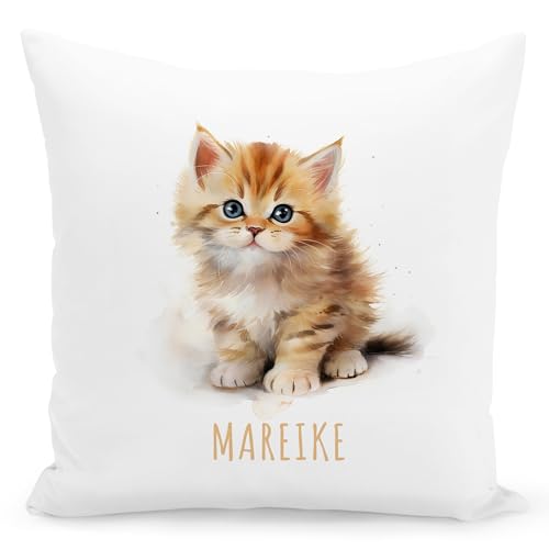 DEL MÀ Unique & Personal Katzen Kissen personalisiert mit Namen Kinderkissen Kuschelkissen Kinder Geschenk Kinderzimmer Deko Junge Mädchen Zierkissen Dekokissen 40x40 cm inkl. Füllung und Bezug von DEL MÀ Unique & Personal