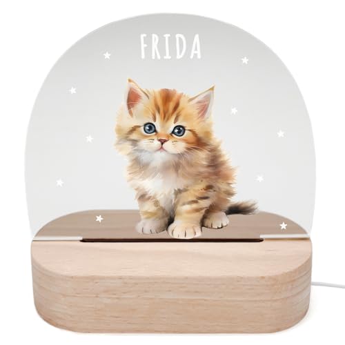 DEL MÀ Unique & Personal Personalisiertes Katze Nachtlicht Kinder & Babys Babyzimmer Deko Kinderzimmer Nachtlampe Mädchen Jungen Kinderlampe Inkl. Holzfuß & Netzteil von DEL MÀ Unique & Personal