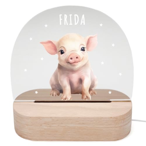 DEL MÀ Unique & Personal Personalisiertes Schwein Nachtlicht Kinder & Babys Babyzimmer Deko Kinderzimmer Nachtlampe Mädchen Jungen Kinderlampe Inkl. Holzfuß & Netzteil von DEL MÀ Unique & Personal