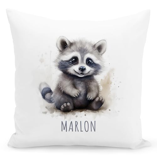 DEL MÀ Unique & Personal Waschbär Kissen personalisiert mit Namen Kinderkissen Kuschelkissen Kinder Geschenk Kinderzimmer Deko Junge Mädchen Zierkissen Dekokissen 40x40 cm inkl. Füllung und Bezug von DEL MÀ Unique & Personal