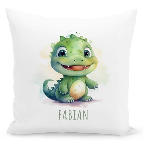 Dino Kissen personalisiert mit Namen Kinderkissen Kuschelkissen Kinder Geschenk Kinderzimmer Deko Junge Mädchen Zierkissen Dekokissen 40x40 cm inkl. Füllung und Bezug von DEL MÀ Unique & Personal