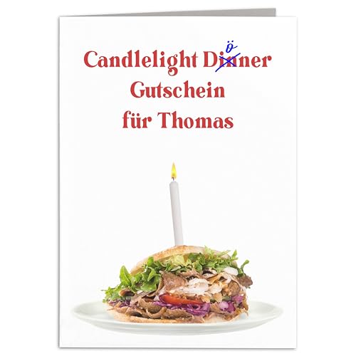 Gutschein Essen gehen Geburtstagskarte Frau Mann lustige Döner Karte personalisiert Geburtstag Restaurant Geschenk Grußkarte Klappkarte 10,5 x 14,8 cm von DEL MÀ Unique & Personal