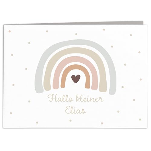 Karte zur Geburt personalisierte Glückwunschkarte Regenbogen Babykarte Geburtstagskarte Baby Geburtskarte Klappkarte mit Umschlag 14,8 x 10,5 cm (Beige) von DEL MÀ Unique & Personal