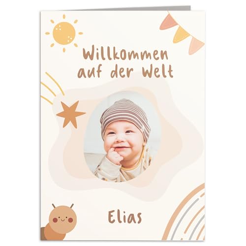 Karte zur Geburt personalisierte Glückwunschkarte mit Foto Babykarte Geburtstagskarte Baby Geburtskarte Klappkarte mit Umschlag 14,8 x 10,5 cm von DEL MÀ Unique & Personal