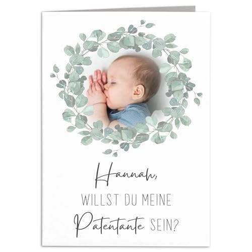 Patentante fragen Willst du meine Patentante sein Karte personalisiert mit Foto Taufpatin fragen Taufpaten Geschenk Klappkarte mit Umschlag 10,5 x 14,8 cm (Eukalyptus) von DEL MÀ Unique & Personal