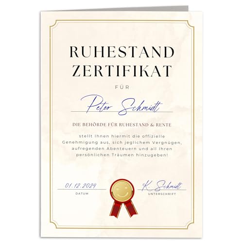 Renteneintritt Geschenk personalisierte Karte Rente Ruhestand Zertifikat Rentenkarte Grußkarte Kollegen Abschied Männer Frauen Klappkarte mit Umschlag 10,5 x 14,8 cm von DEL MÀ Unique & Personal