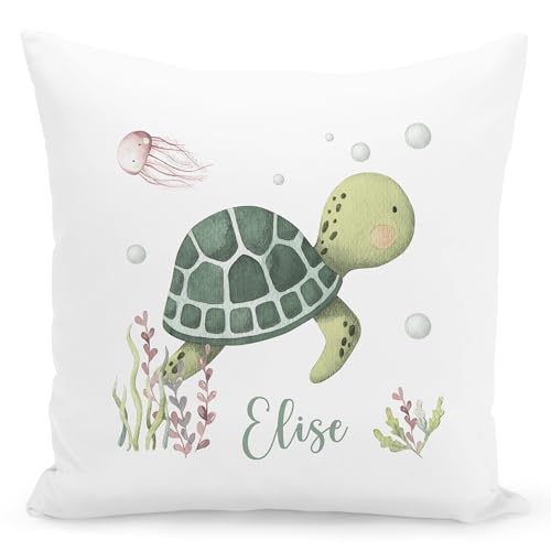 Schildkröten Kissen personalisiert mit Namen Kinder Kuschelkissen Kinderkissen Kinderzimmer Deko Tier für Mädchen Jungen Zierkissen Dekokissen 40x40 cm inkl. Füllung und Bezug von DEL MÀ Unique & Personal