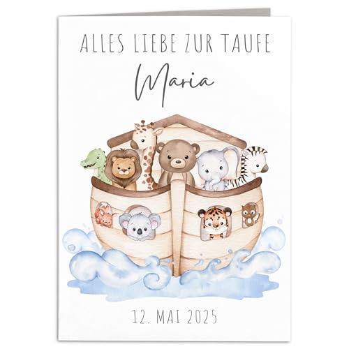 Taufkarte Mädchen Junge personalisiertes Taufgeschenk Arche Noah Karte Taufe Geschenk Klappkarte mit Umschlag 10,5 x 14,8 cm von DEL MÀ Unique & Personal