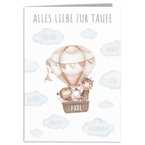 Taufkarte Mädchen Junge personalisiertes Taufgeschenk Heißluftballon Karte Taufe Geschenk Klappkarte mit Umschlag 10,5 x 14,8 cm (Beige) von DEL MÀ Unique & Personal