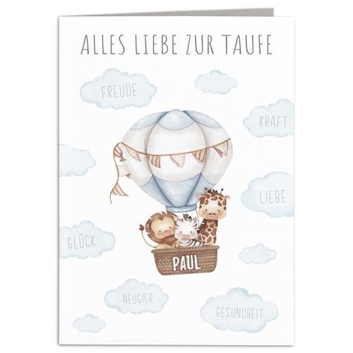 Taufkarte Mädchen Junge personalisiertes Taufgeschenk Heißluftballon Karte Taufe Geschenk Klappkarte mit Umschlag 10,5 x 14,8 cm (Blau) von DEL MÀ Unique & Personal