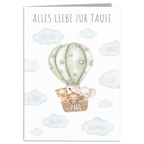 Taufkarte Mädchen Junge personalisiertes Taufgeschenk Heißluftballon Karte Taufe Geschenk Klappkarte mit Umschlag 10,5 x 14,8 cm (Grün) von DEL MÀ Unique & Personal