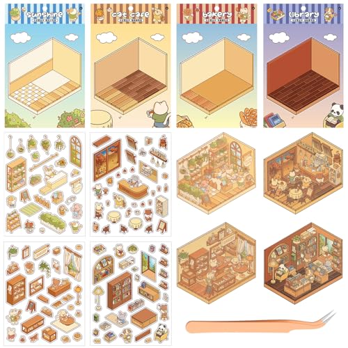 DIY 3D House Stickers 4 Sets Fun DIY Stickers Scene 3D Sticker Scene mit Tweezer DIY Stacking Scene Stickers Machen Sie Ihren eigenen Blumenzimmer Café Buchhandlung Bäckerei für Erwachsene und Kinder von DELAESI