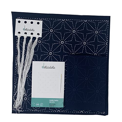 DELICATELA Sashiko | Japanisches Stickset | Stoff 68 cm x 34 cm vorgedruckt (30 cm x 30 cm) | Naturgarn | lange Nadel | Stickanleitung | Design 4 Spitzen (Indigoblau) von DELICATELA