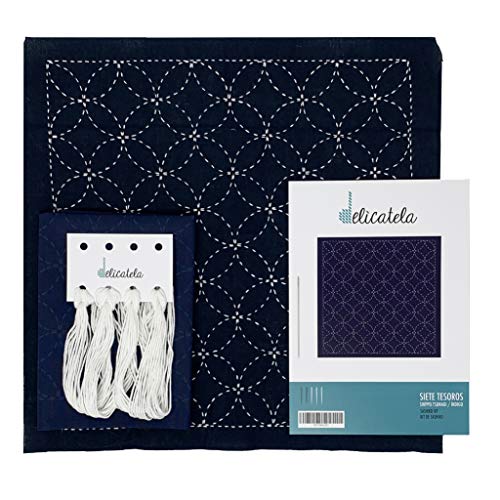 Sashiko Japanisches Stickset, 68 cm x 34 cm, vorgedruckter Stoff (30 cm x 30 cm), Naturgarn, lange Nadel, Stickanleitung, Design sieben Schätze, von Delicatela (Indigoblau) von DELICATELA