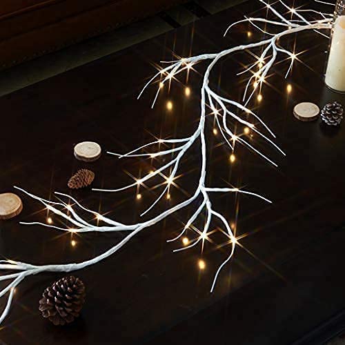 DELICHTER Rein Weiße Rotang Lichterzweig mit 48 helle Warm Weiß LEDs, Strombetrieben, Lichterkette Dekor für Schlafzimmer Innen Außen Weihnachten Beleuchtet Wand Weihnachtsdeko Fensterdeko Tisch von DELICHTER