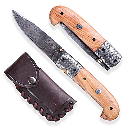 DELLINGER Olive Sentinell & Damast Taschenmesser & Klappmesser & Damaststahl Messer & Outdoor Damastmesser Folder Knife 9,5cm Klinge von DELLINGER