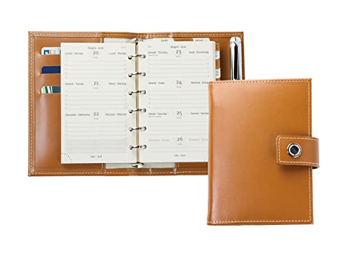 DELMON VARONE - Mini Pocket A6 Kalender 2025 Cambridge Top Grain Leder braun - Terminkalender Ringbuch & A-Z Telefonregister - Organizer Terminplaner mit Wochenansicht (1 Woche auf 2 Seiten) von DELMON VARONE - FINE LEATHERGOODS MADE IN GERMANY