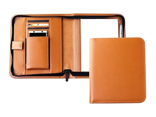 DELMON VARONE - Personalisierbare Tablet und Smartphone Schreibmappe DIN A5 aus Premium Boxcalf Leder braun, Organizer Konferenzmappe mit Notizblock, Stiftschlaufe, Steckfächer und Reißverschluss von DELMON VARONE - FINE LEATHERGOODS MADE IN GERMANY