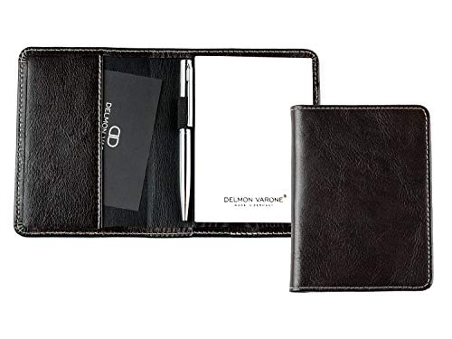 DELMON VARONE - Personalisierbares Notizblock Etui DIN A7 aus Leder Vintage Anilin braun, Taschen Memoblock im Lederetui mit Mini Kugelschreiber, Stiftschlaufe, Einschubfach und blanko Notizblöcke von DELMON VARONE - FINE LEATHERGOODS MADE IN GERMANY