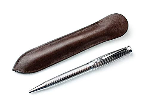 DELMON VARONE - Premium Drehkugelschreiber Silber nachfüllbar mit Blau schreibender Mine und Lederetui, Metall Kugelschreiber mit silberfarbener Oberfläche und Leder Case mit Gravur, Ballpen edel von DELMON VARONE - FINE LEATHERGOODS MADE IN GERMANY