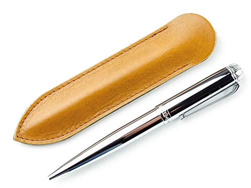 DELMON VARONE - Premium Drehkugelschreiber Silber nachfüllbar mit Blau schreibender Mine und Lederetui, Metall Kugelschreiber mit silberfarbener Oberfläche und Leder Case mit Gravur, Ballpen edel von DELMON VARONE - FINE LEATHERGOODS MADE IN GERMANY