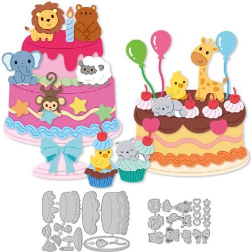 DELORIGIN 2 Set Stanzformen Mit Tierische Torte Luftballons Stanzen Torte Spitze Prägeschablonen Stanzschablone Neuheiten Geburtstag Für DIY Papierbastelarbeiten Alben Geschenkdekoration von DELORIGIN