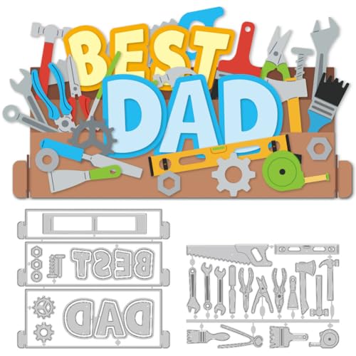 DELORIGIN 2 Sets Stanzformen Für Vatertag "BEST DAD" Schriftzug Stanzformen Prägeschablonen Rahmen Stanzschablonen Neuheiten 2024 Mit Werkzeugkasten Für Den Vatertag DIY Bastelalben Kartendekor von DELORIGIN