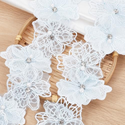 DELORIGIN 2.7 m 3D Blumen Spitzenbesatzband Mit Strass Perlen Blumenapplikation Bestickter Spitze Stoff Zum Nähen von Kleidung Hochzeitskleidern DIY Basteln (Blau) von DELORIGIN