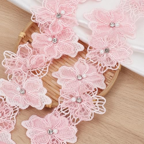 DELORIGIN 2.7 m 3D Blumen Spitzenbesatzband Mit Strass Perlen Blumenapplikation Bestickter Spitzenstoff Zum Nähen von Kleidung Hochzeitskleidern DIY Basteln (Rosa) von DELORIGIN