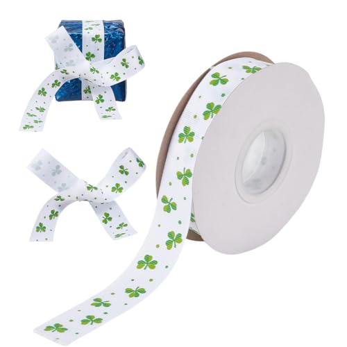 DELORIGIN 23 m (25 Yards) Irisches Kleeblatt Polyesterband 2.3cm Dekoband Breit Kleeblätter Bänder St. Kleeblattband Zum Aufnähen von Geschenken Mit Patrick'S Day Motiv Spitzenborte (Weiß) von DELORIGIN