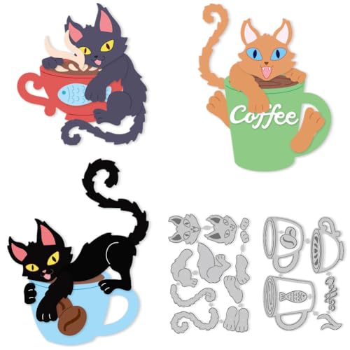 DELORIGIN 3 Stil Stanzformen Mit Kaffee Katze Grußkarten Nähen Karbonstahl Stanzschablonen Stichstanzen Stamping Schablone Gravur Stanzformen Kater Für DIY Bastelpapier Fotoalbum Geschenkdekor von DELORIGIN