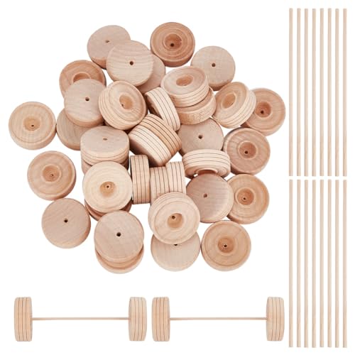 DELORIGIN 36 Packung Holz Bastelräder Mit 18 Holzstäbchen 3 cm Holzräder Räder mit Achse Unbehandelte Holzräder Zum Basteln DIY Miniauto Malfarben Stecktafeln Halloween Weihnachten 3.5 mm Loch von DELORIGIN