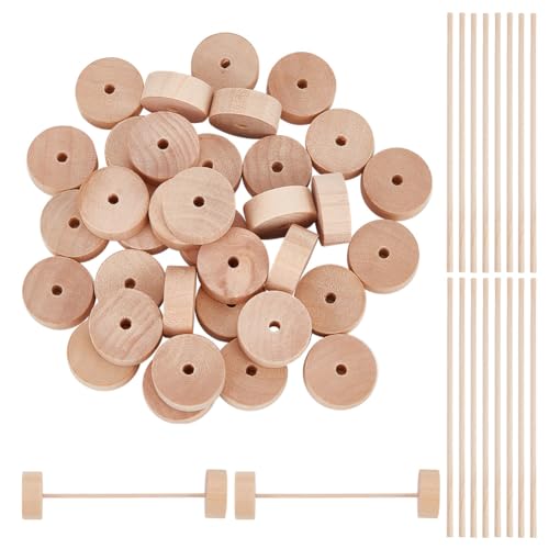 DELORIGIN 36 Packung Mini Bastelräder Aus Holz Mit 18 Holzstäbchen 2.5 cm Holzräder Räder mit Achse Unvollendete Flache Bastelräder Zum Basteln DIY Spielzeugautos Malerei Holzbearbeitung 4 mm Loch von DELORIGIN